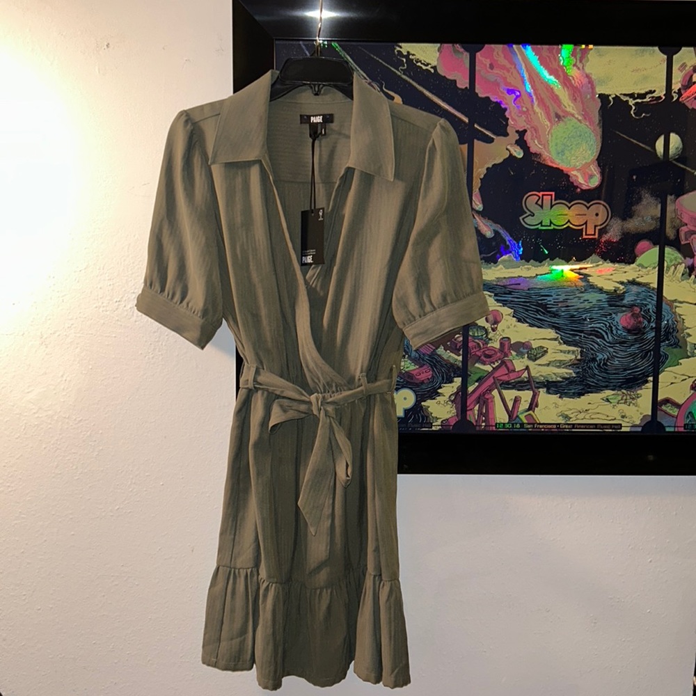 Paige Ivy Green minidress. Tie waist, hook closure at bust.